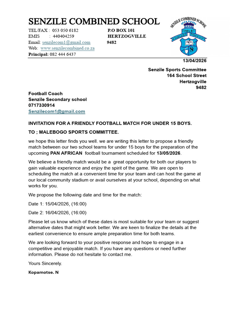 Letter to Malebogo Sports Committee | PDF