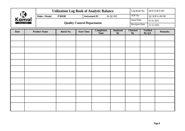 Utilization Log Book of Analytical Balance JT3003 | PDF