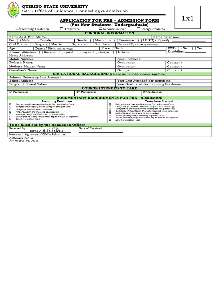 Student Copy_Application for Pre-Admission Form | PDF