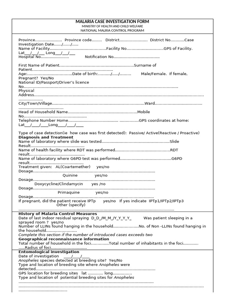 Malaria_Case_Investigation_form | PDF | Malaria | Plasmodium