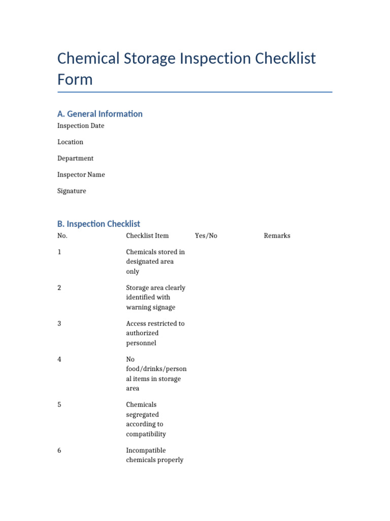 Chemical Storage Inspection Checklist | PDF