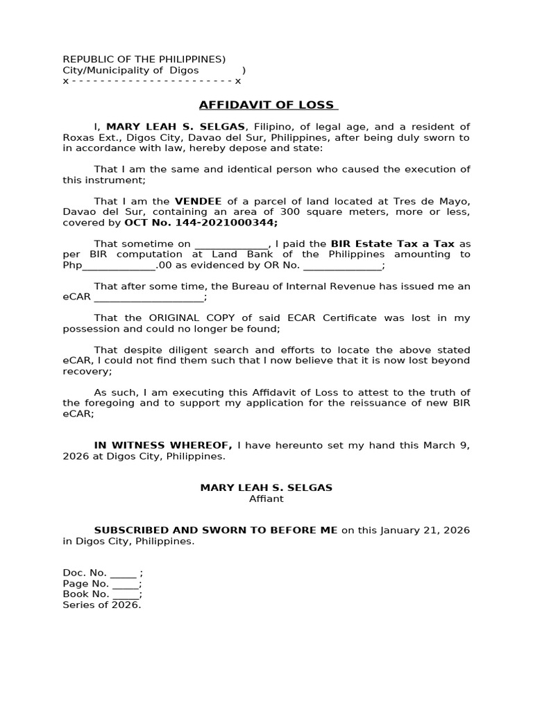 Affidavit of Loss ECAR | PDF