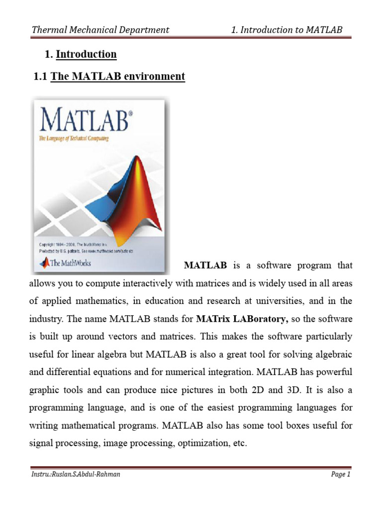 1.Introduction to MATLAB | PDF | Matlab | Computing