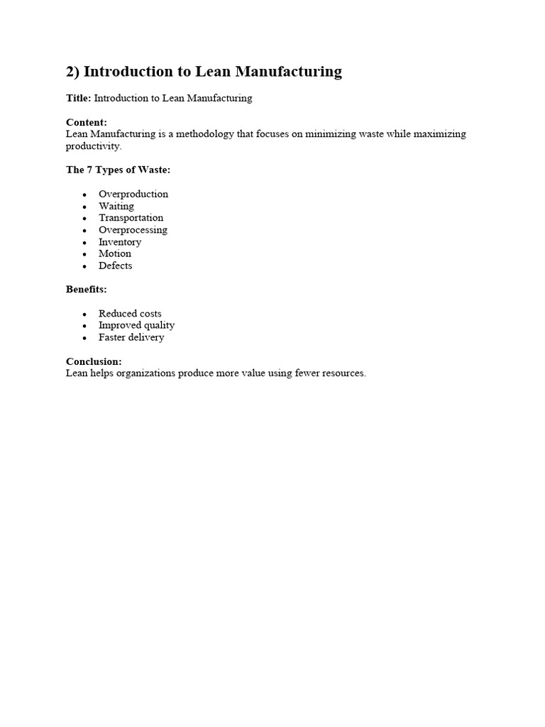 Introduction to Lean Manufacturing | PDF