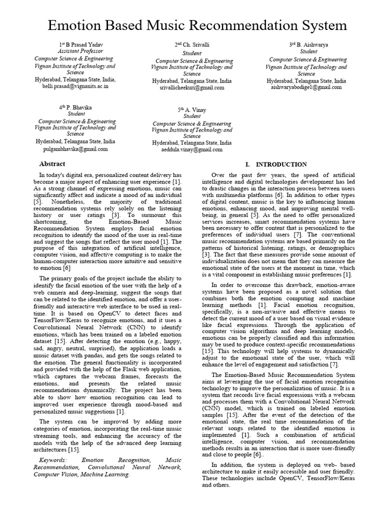 Emotion Based Music Recommendation System - IEEE | PDF | Deep Learning ...