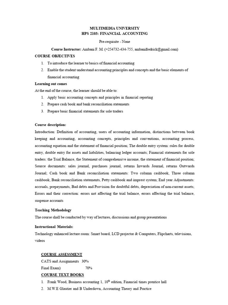 HPS 2103 FINANCIAL ACCOUNTING COURSE OUTLINE | PDF | Accounting ...
