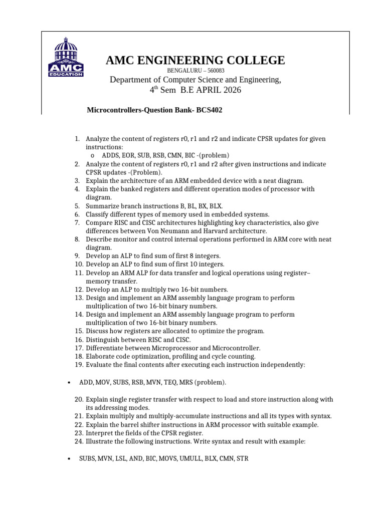 ARM Question Bank Paper | PDF | Assembly Language | Classes Of Computers