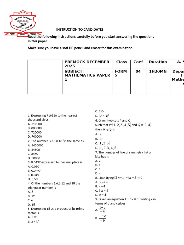 Paper_1 Maths Premock f5 GOOD | PDF | Equations | Abstract Algebra