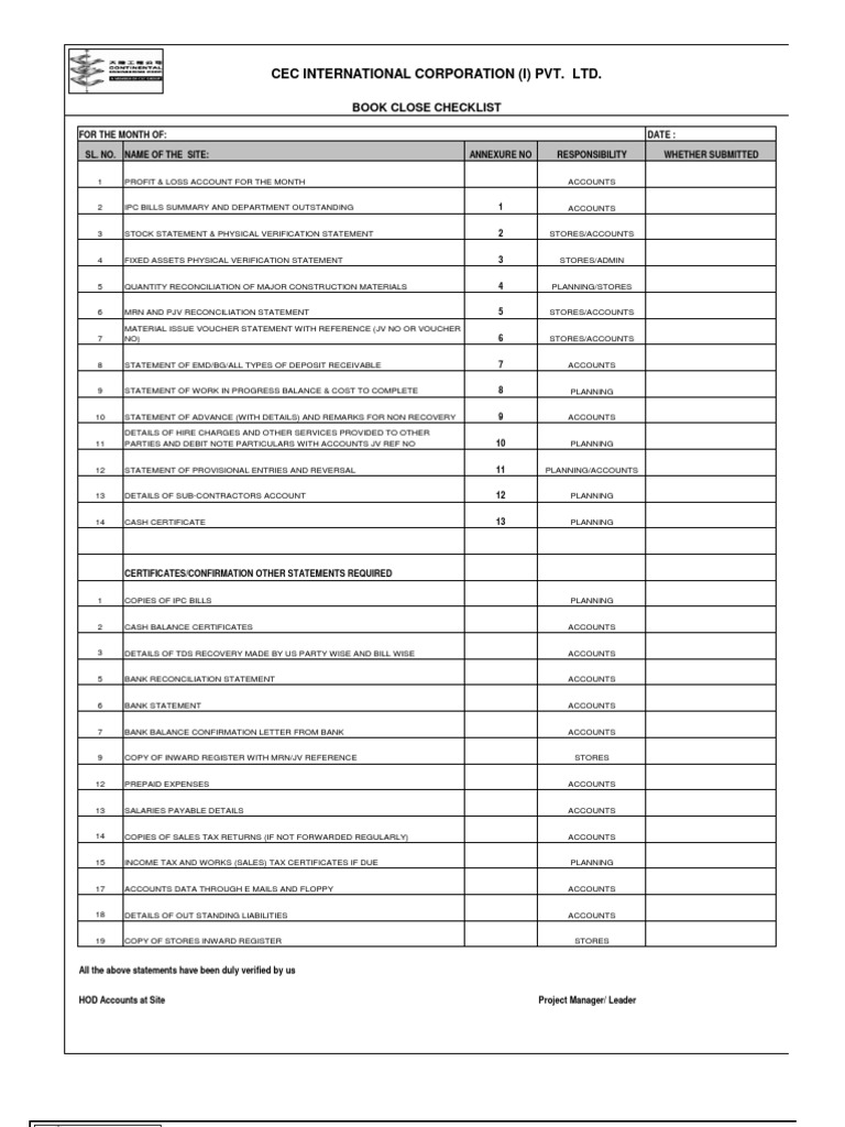 Monthly Financial Statement Checklist | PDF | Deferral | Valuation ...