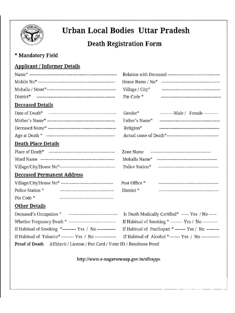Death Registration Form Uttar Pradesh | PDF