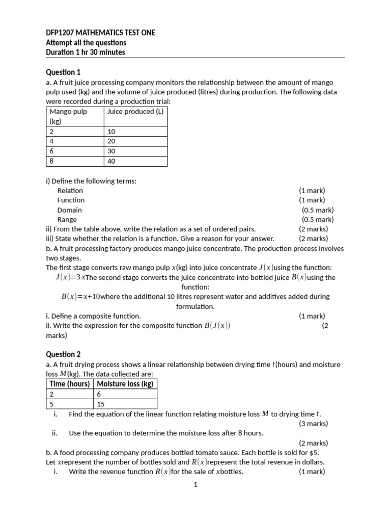 Dfp1207 Mathematics Test One 2026 | PDF | Function (Mathematics ...