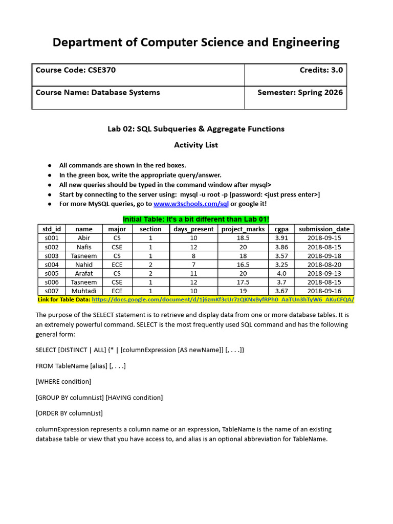 CSE370 Lab02 Sheet -Student View | PDF | Data | Data Management