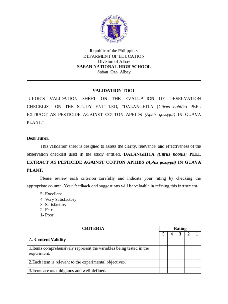 Validation Tool for Observation Checklist | PDF | Validity (Statistics ...