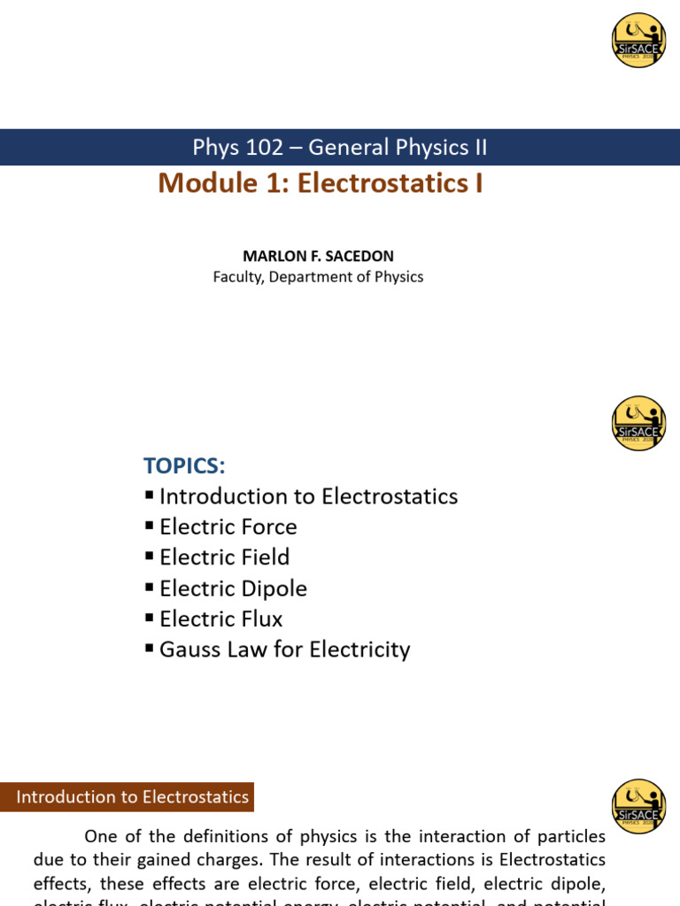 Module 1 Electrostatic 1 as of Aug 15 | PDF | Force | Physics