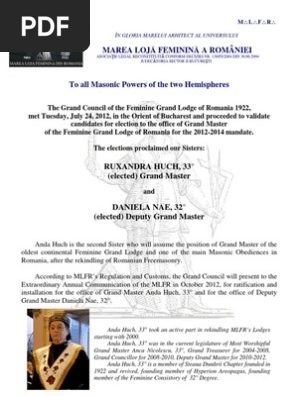 Communique of the Feminine Grand Lodge of Romania - 8 August 2012