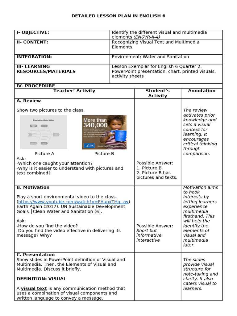 Detailed Lesson Plan in English 6 With Annotation | PDF | Multimedia ...