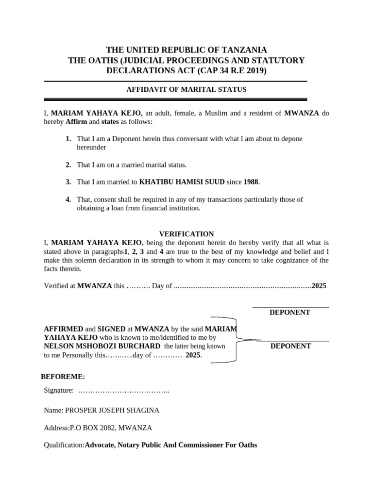 Affidavit of Married Marital Status Mariam | PDF