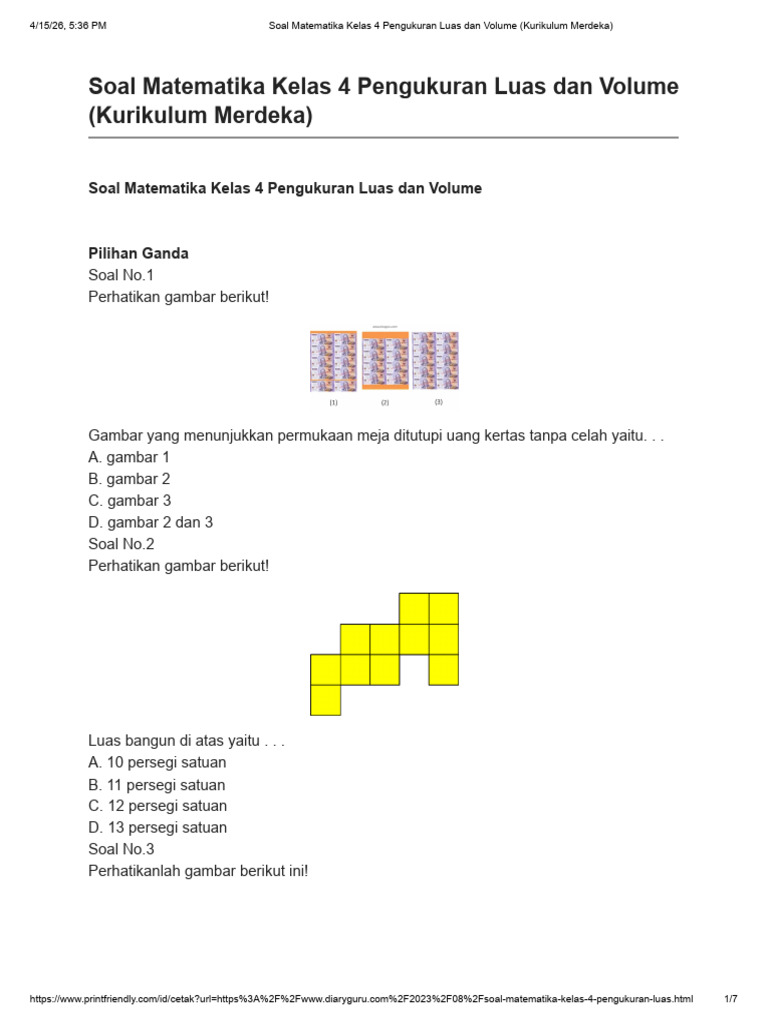 Soal Matematika Kelas 4 Pengukuran Luas Dan Volume (Kurikulum Merdeka ...
