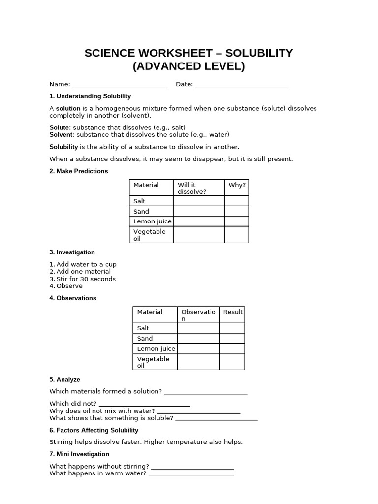 Solubility Worksheet | PDF