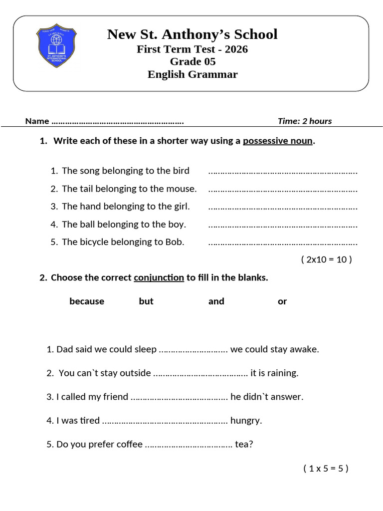 2026 Grade 5 -First Term Test | PDF | Languages | Foreign Language Studies