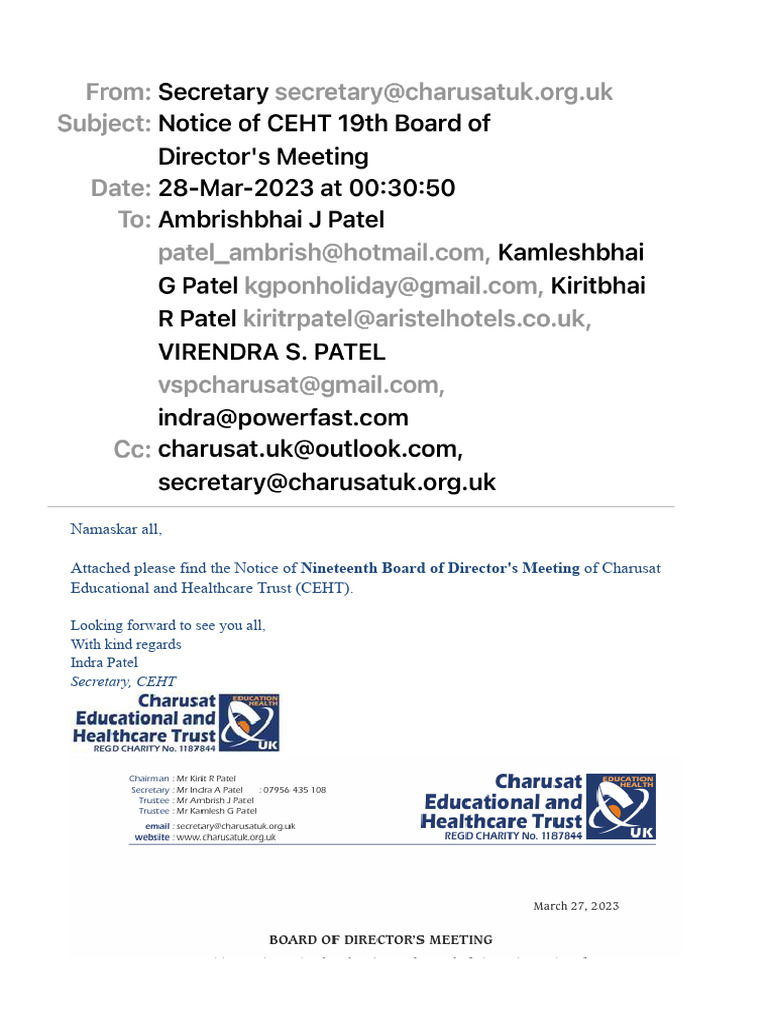 Notice of CEHT 19th Board of Director's Meeting | PDF