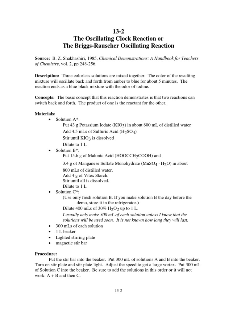 Briggs-Rauscher Oscillating Reaction Guide | PDF | Chemical Reactions ...