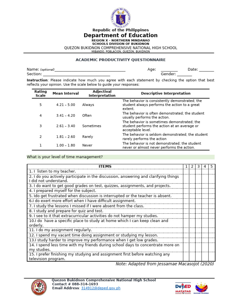 Time Management Questionnaire | PDF
