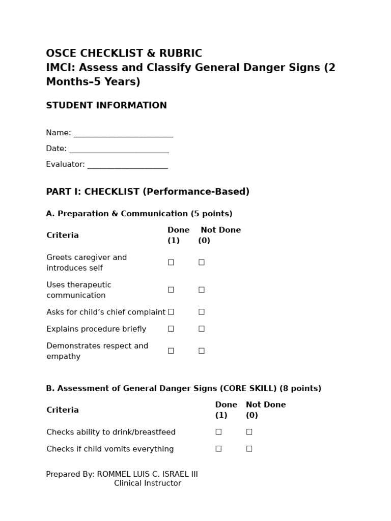 OSCE CHECKLIST & RUBRIC IMCI: Assess and Classify General Danger Signs ...