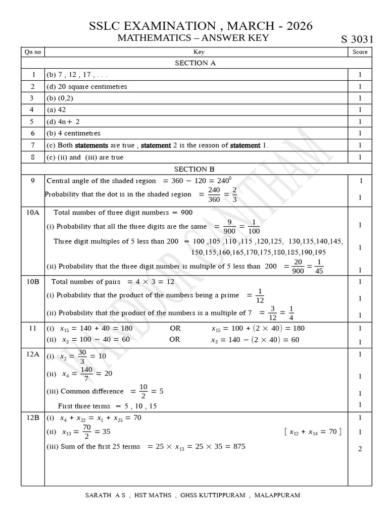 Key SSLC X Maths 2026 em | PDF | Circle | Area