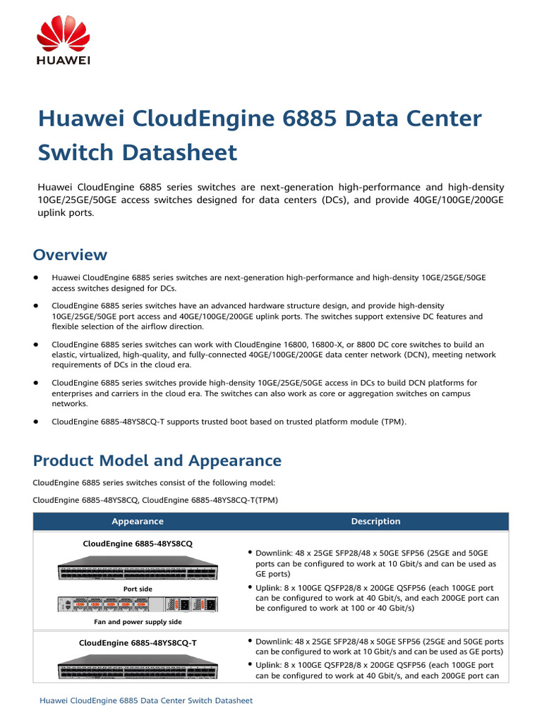 Huawei CloudEngine 6885-48YS8CQ Data Center Switch Datasheet | PDF ...