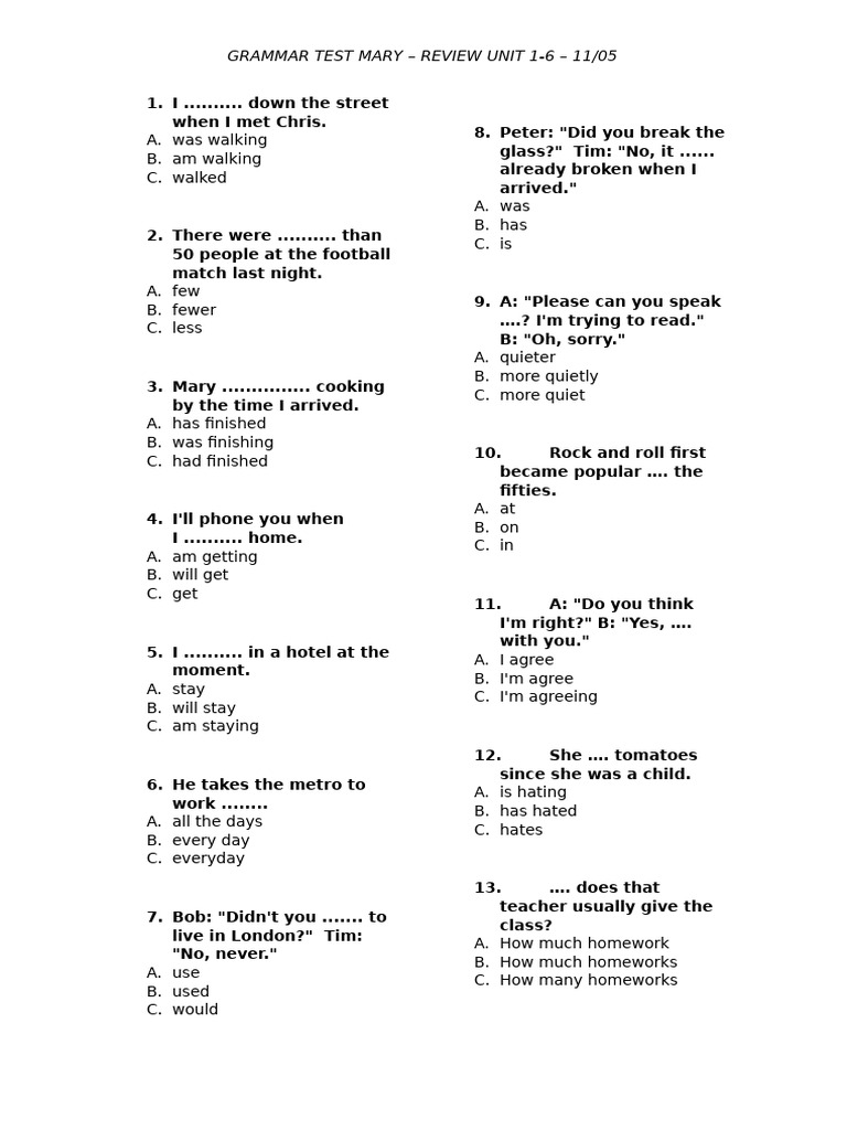 Grammar Test Mary – Review Unit 1-6 – 12-05 | PDF | Chess | Chess Openings