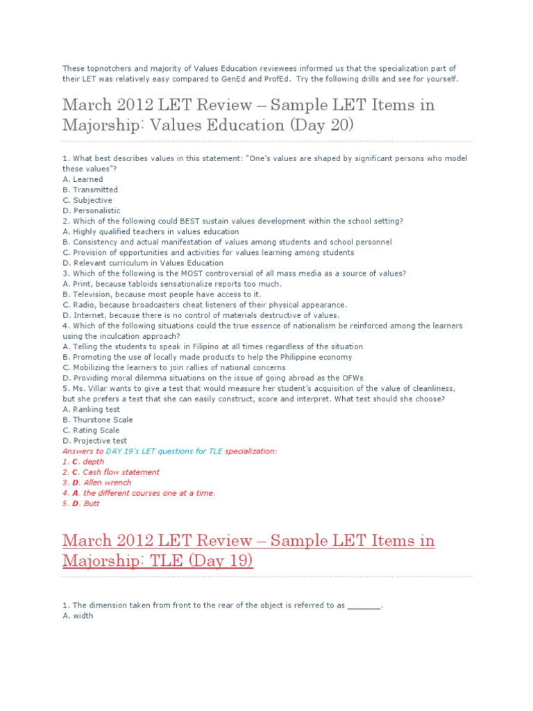 LET Review: Sample Questions by Majorship | PDF | Social Science