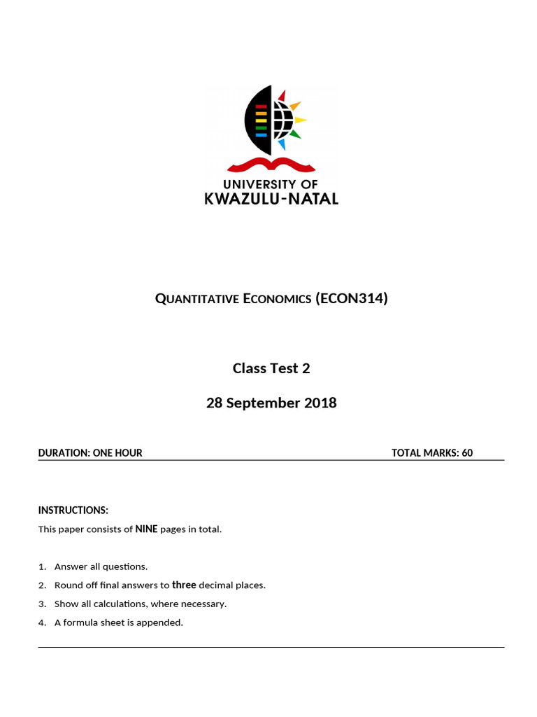 Class_Test_2_2018 | PDF | Coefficient Of Determination | Statistical ...