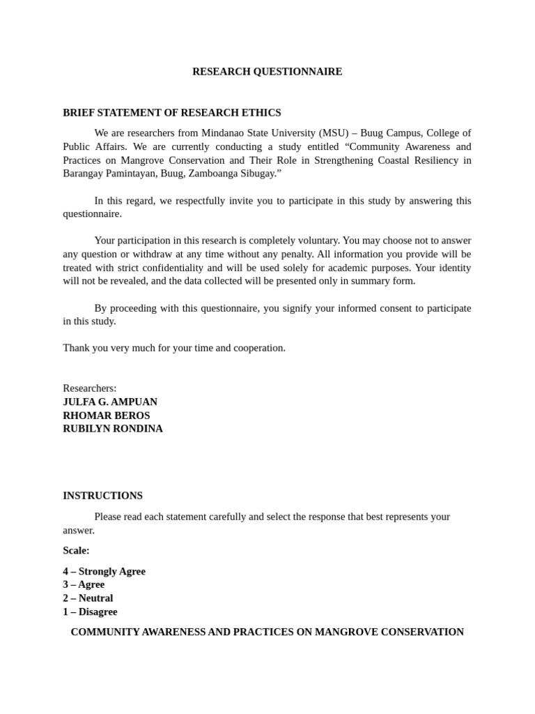 Research Questionnaire (Revised) | PDF