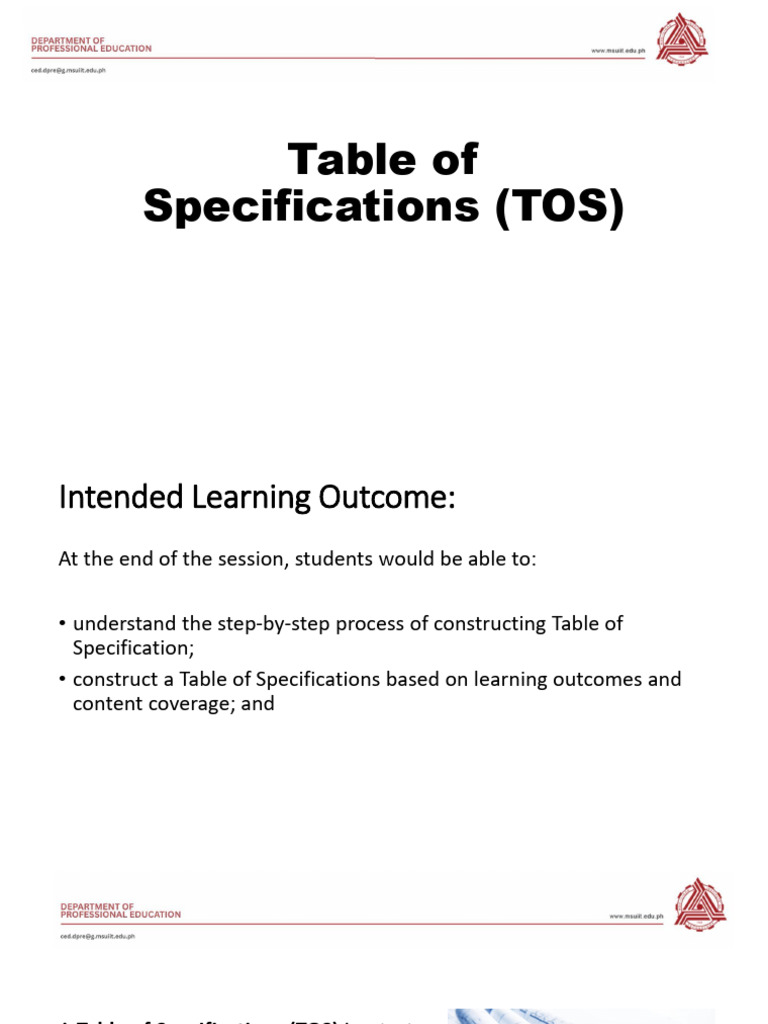Table of Specifications TOS | PDF | Learning | Cognition