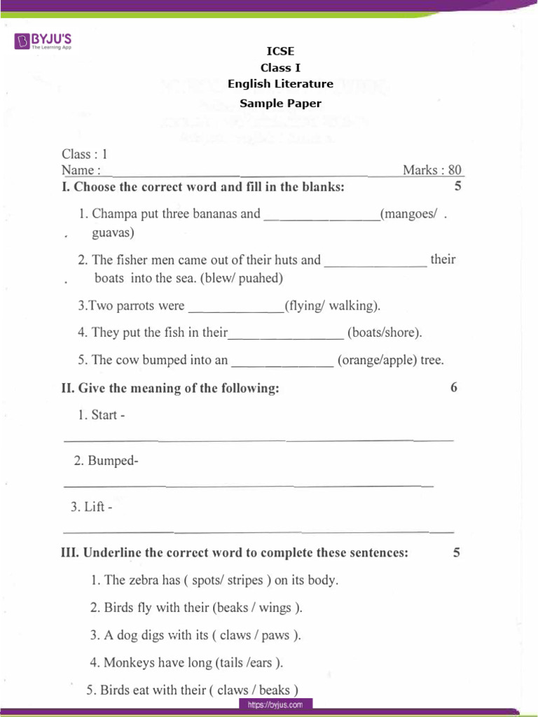 ICSE Class 1 English Literature Sample Paper | PDF