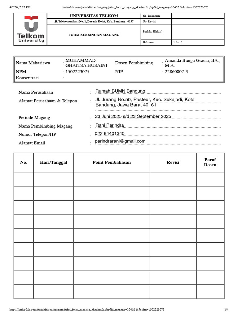 Form Magang Bimbingan Dan Penilaian Dosen | PDF