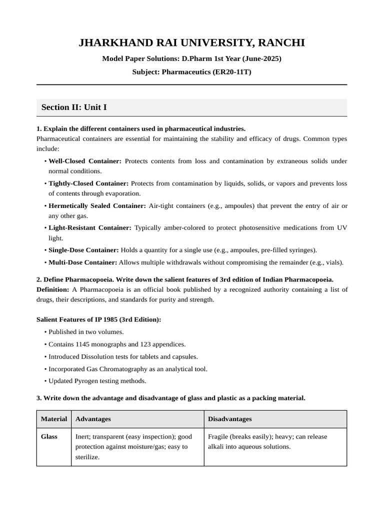 Pharmaceutics Model Paper Solutions (1) | PDF | Filtration | Glasses