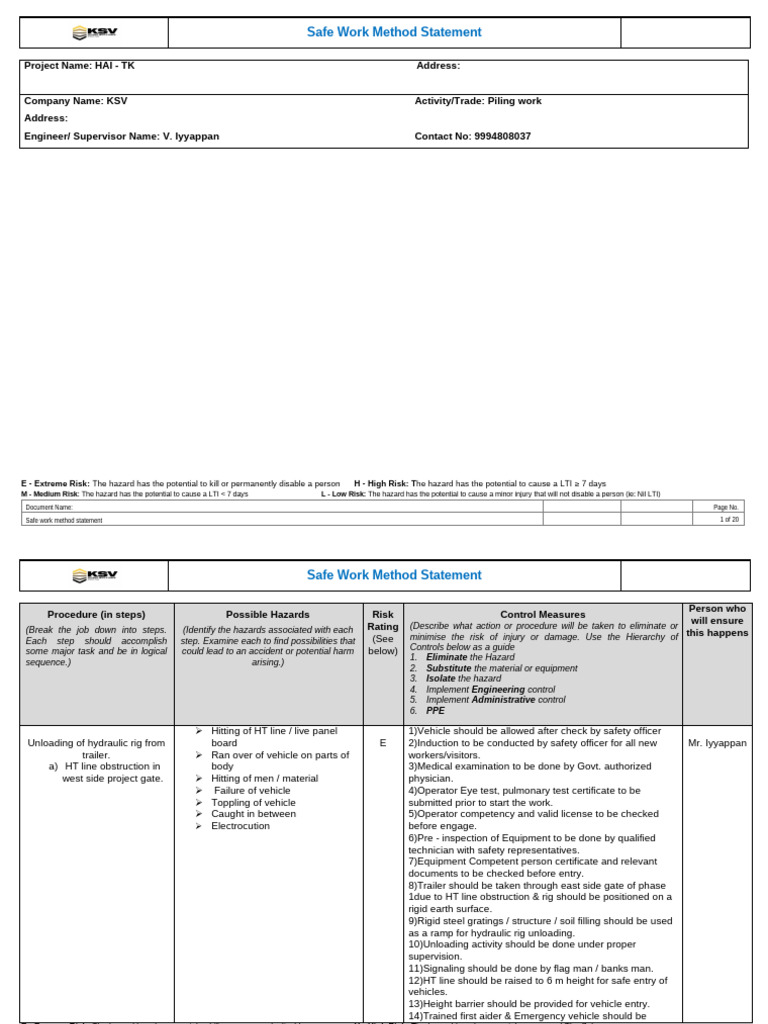 Safe Work Method Piling Work | PDF | Risk | Safety