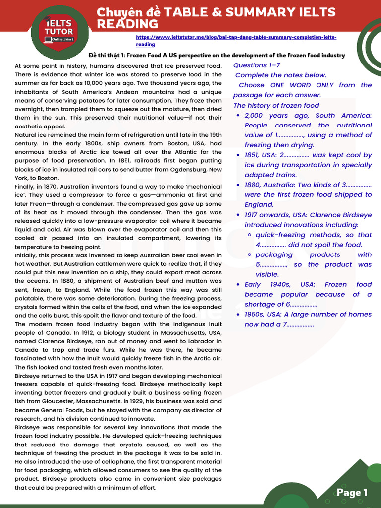 Chuyên Đề TABLE & SUMMARY IELTS READING | PDF
