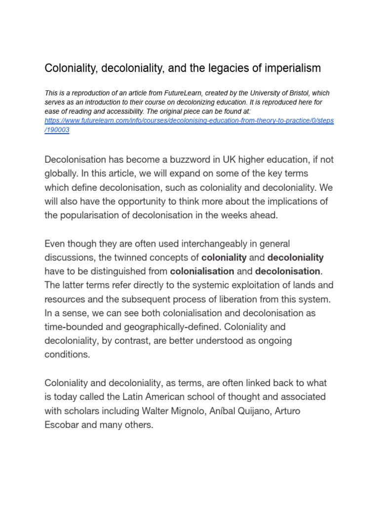 Coloniality, Decoloniality and the Legacies of Imperialism | PDF ...