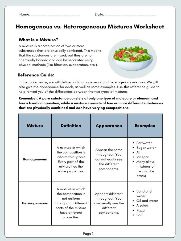 Homogeneous vs. Heterogeneous Science Worksheet in Blue Black and White ...