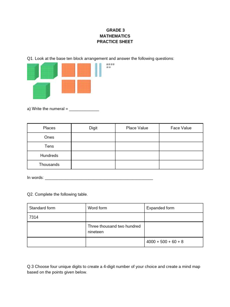 3203996 GRADE 3 Mathematics Practice Sheet | PDF