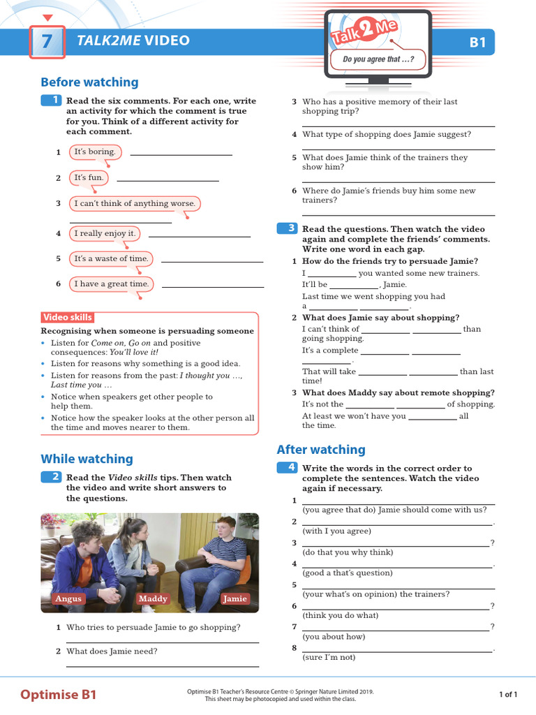 OPT B1 T2M Unit 7 Worksheet | PDF