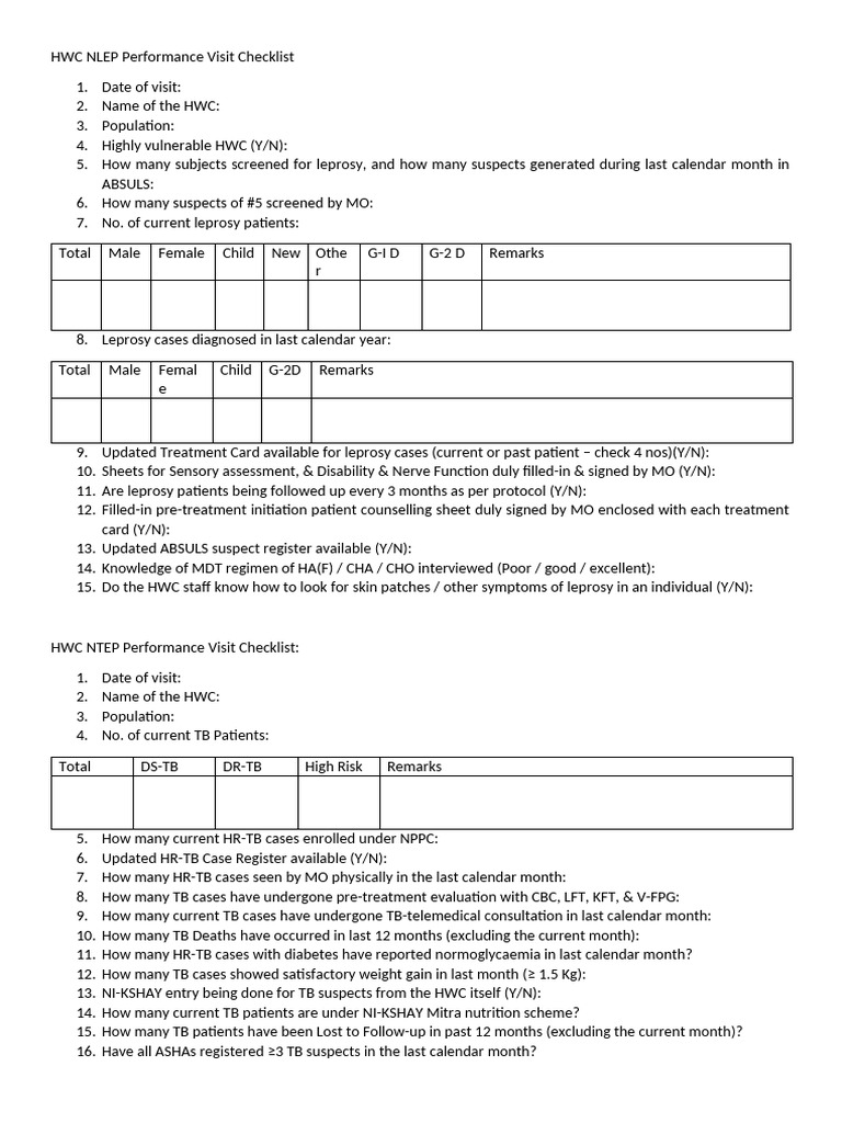 HWC Performance Visit Checklist | PDF | Leprosy | Clinical Medicine
