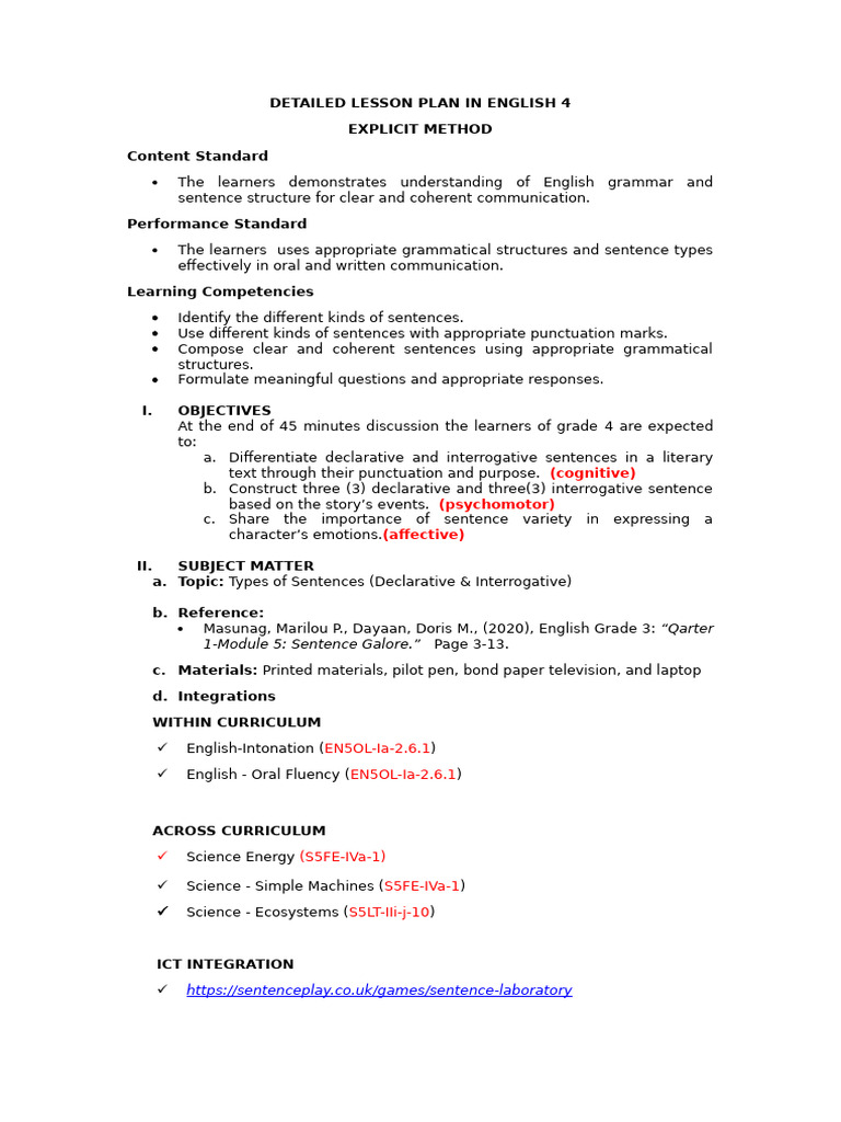DETAILED LESSON PLAN IN ENGLISH 4 | PDF | Bees | Question