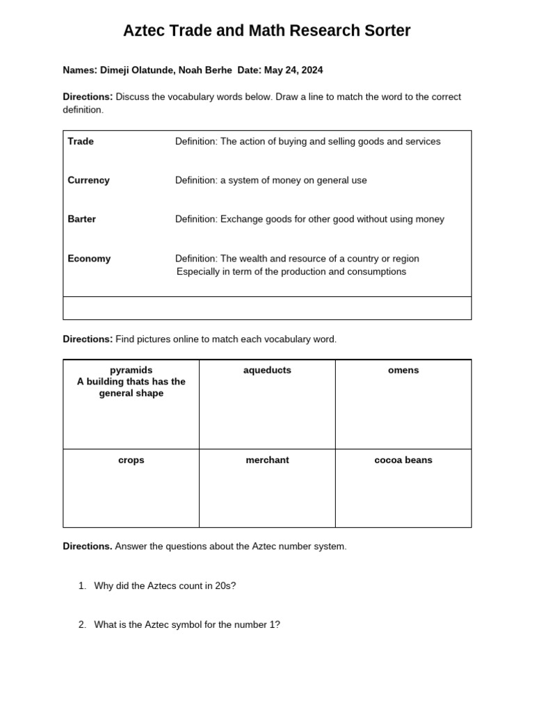Copy of Aztec Trade and Math Research Sorter | PDF