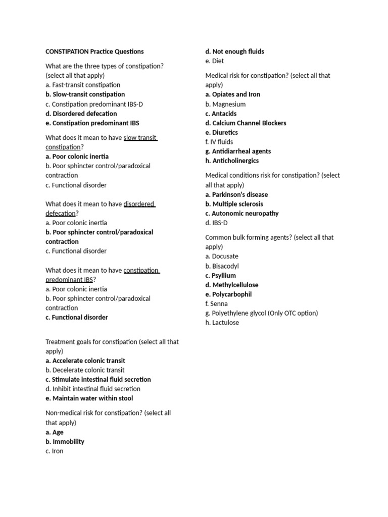 CONSTIPATION Practice Questions | PDF | Constipation | Gastroenterology