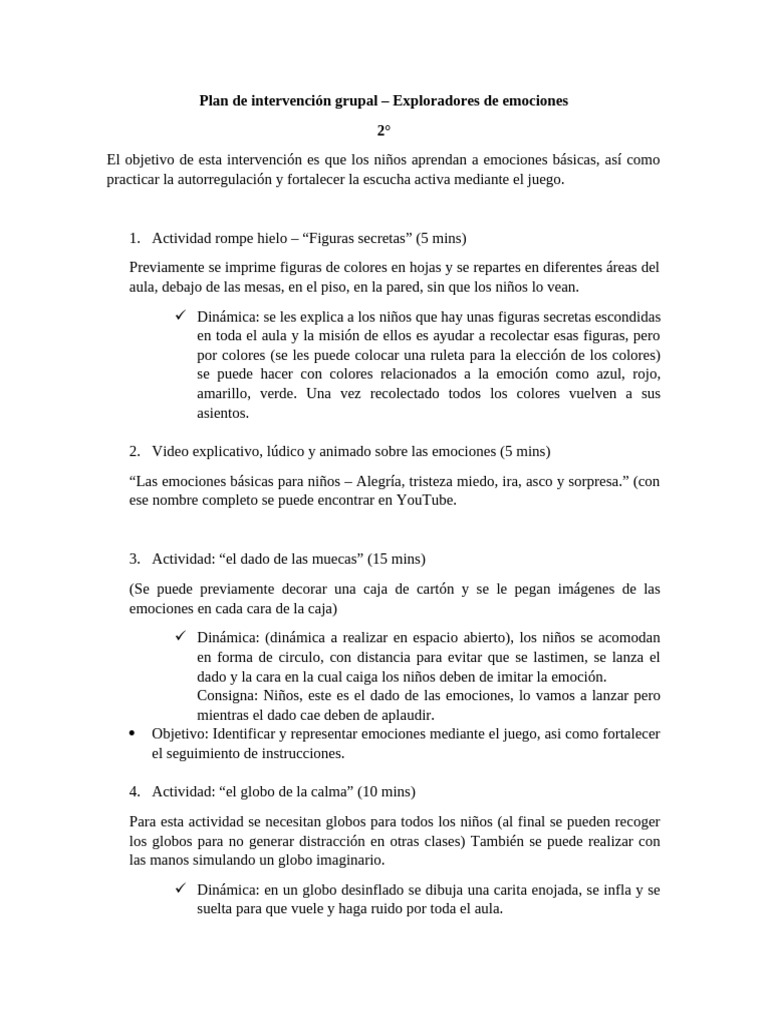 Plan de Intervención Grupal 2° | PDF | Las emociones | Sicología