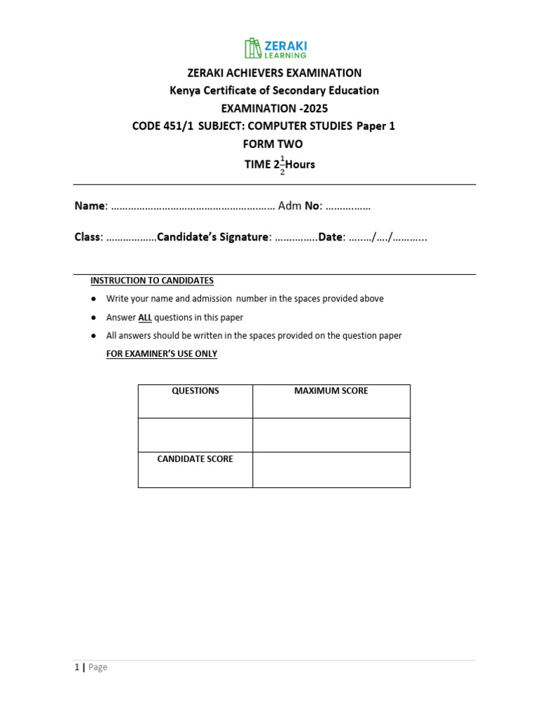 Computer Studies - PP1 - Question Paper | PDF | Computing | Computer ...